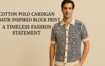 cotton polo cardigan in batik-inspired block print