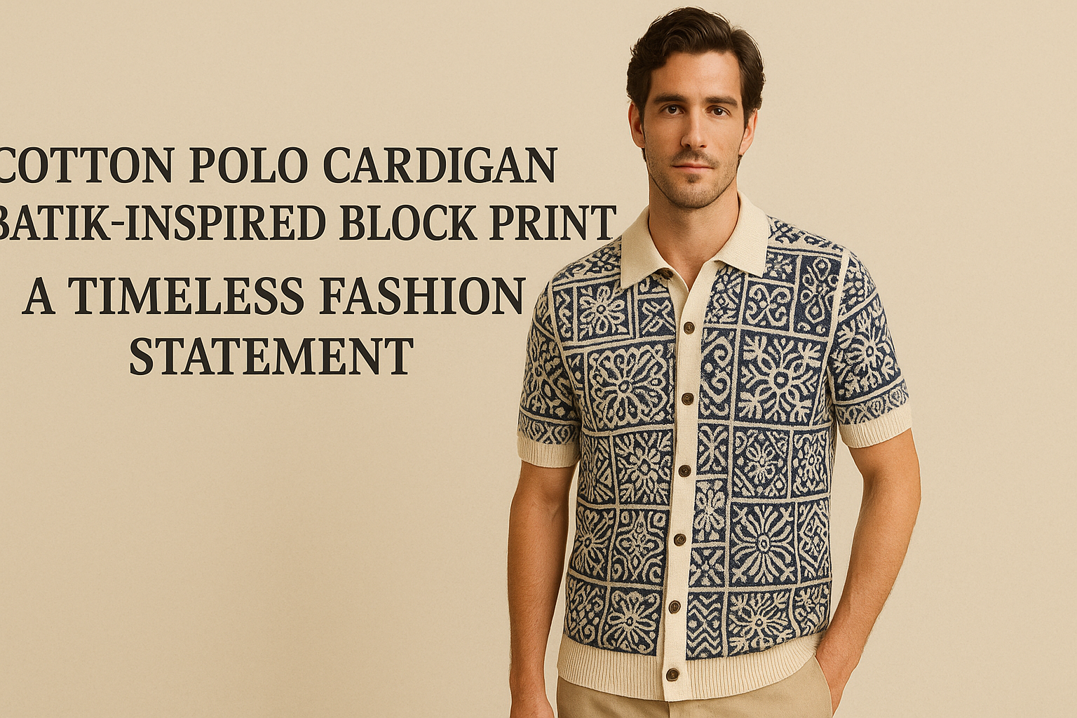 cotton polo cardigan in batik-inspired block print